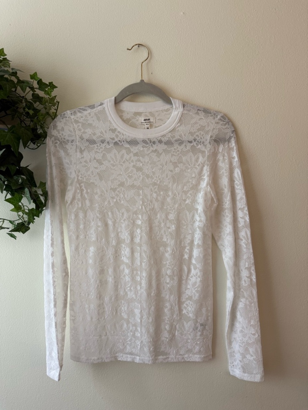 aerie White Lace Long-Sleeve Crewneck Top